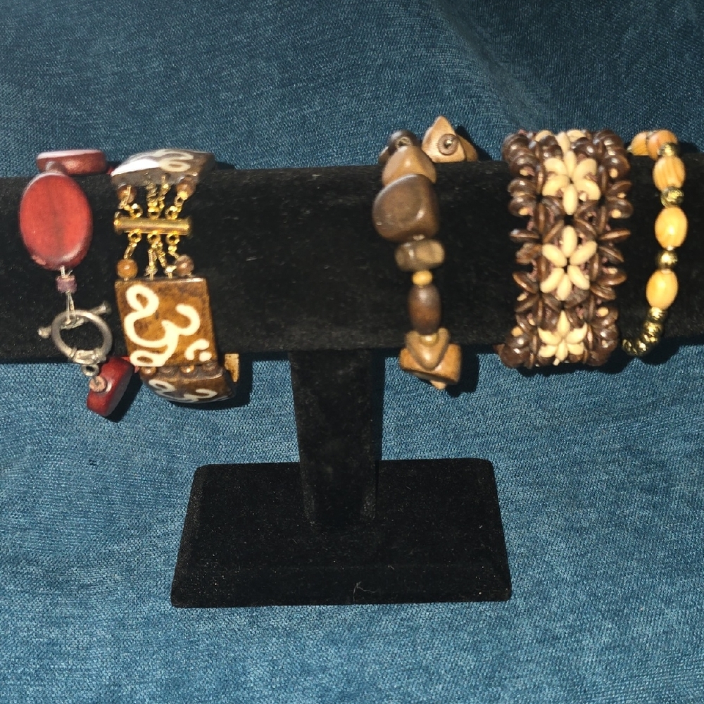 Set Of boho Natural Wood and Seed Bead Bracelet Set - Brown